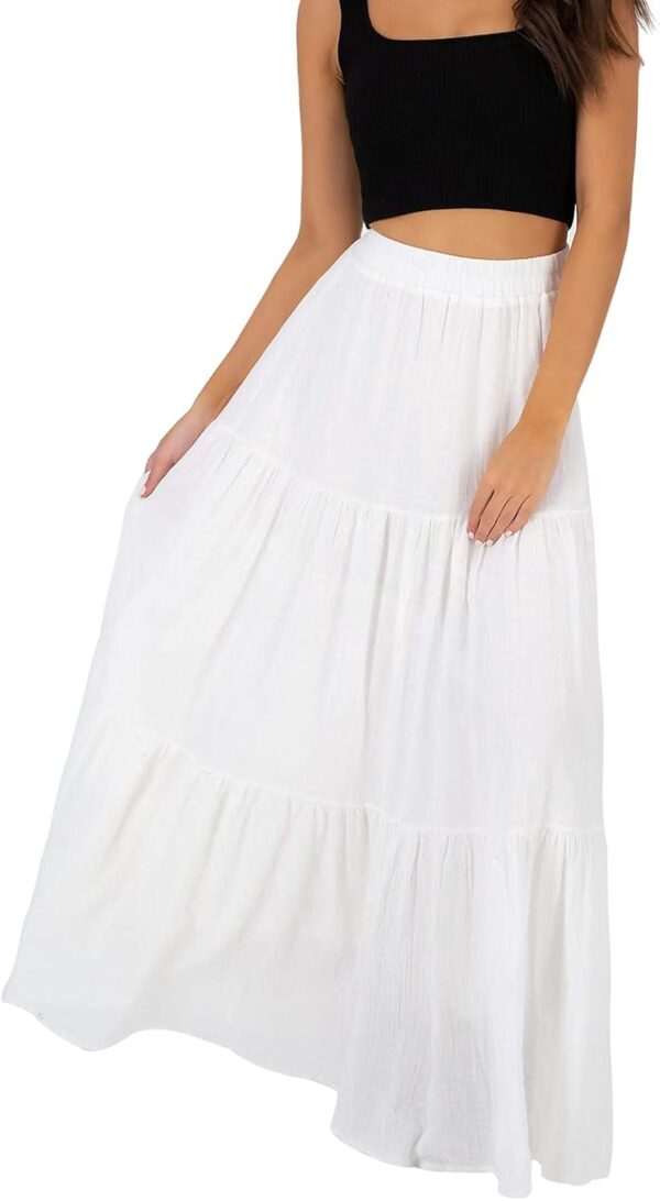 Womens Summer Fall Boho Elastic Long Skirts High Waist Pleated A Line Tiered White or Black Maxi Skirt