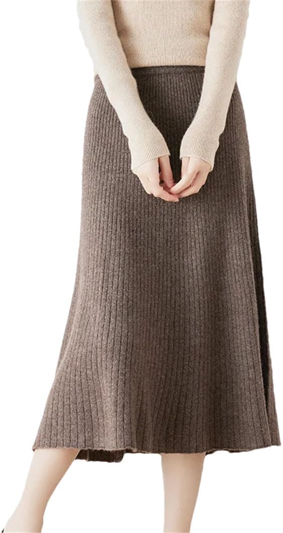 Womens Wool Half Skirts Mid Length High Waisted Swing Skirt A-Line Knitted Umbrella Sweater Skirt