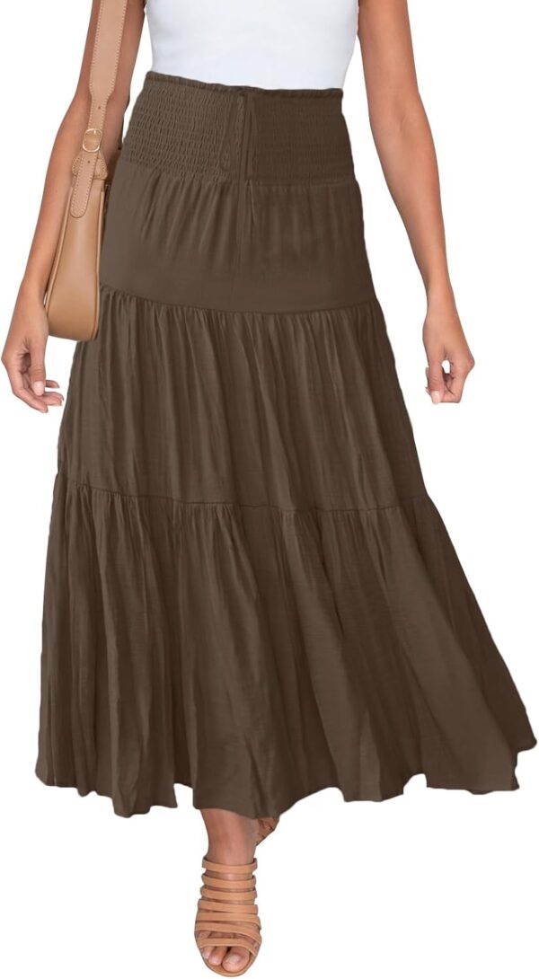 Women's Summer Flowy Boho Maxi Skirt Trendy Drawstring Elastic High Waist Pleated Tiered A Line Beach Long Skirts