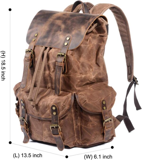 Leather Backpack for Men, Waxed Canvas Shoulder Rucksack Carry-On Travel Backpack - Image 2