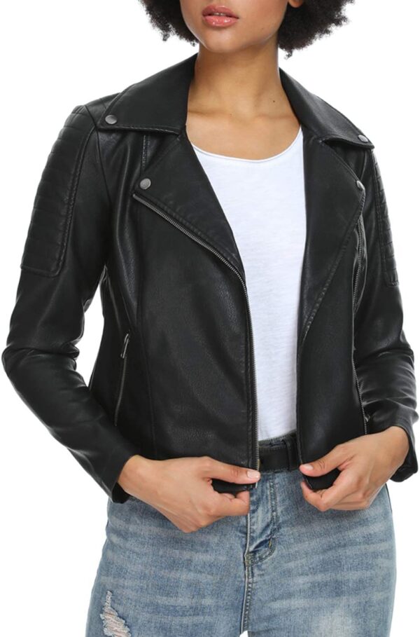Women's Faux Leather Jackets, Zip Up Motorcycle Short PU Moto Biker Outwear Fitted Slim Coat