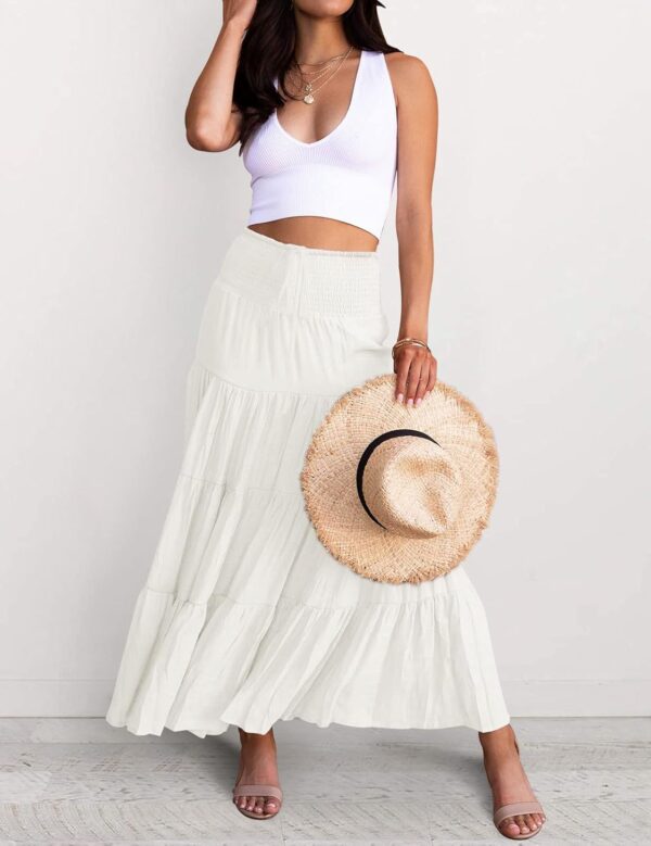 Women's Summer Flowy Boho Maxi Skirt Trendy Drawstring Elastic High Waist Pleated Tiered A Line Beach Long Skirts - Image 2