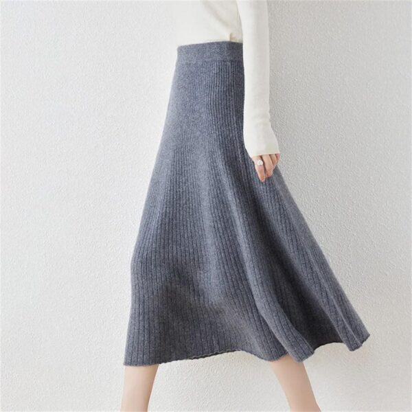 Womens Wool Half Skirts Mid Length High Waisted Swing Skirt A-Line Knitted Umbrella Sweater Skirt - Image 2
