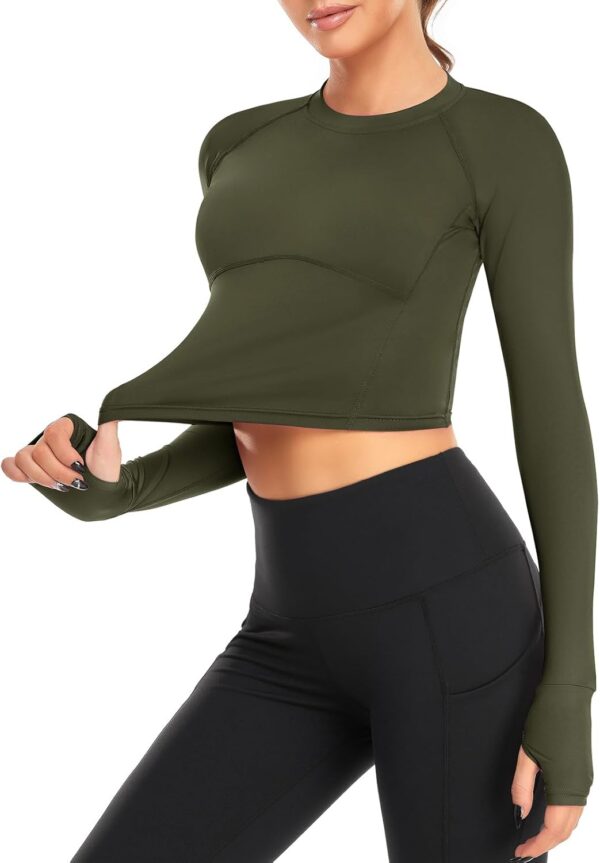 Long Sleeve Crop Tops Slim Fit Workout Shirts for Running Yoga Gym with Thumb Holes - Image 2