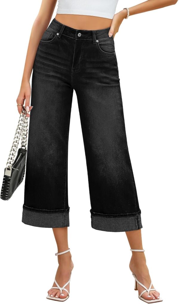 Wide Leg Jeans for Women's High Waisted Stretchy Denim Capri Pants Fold Hem Cropped Baggy Capris Jeans with Pocket