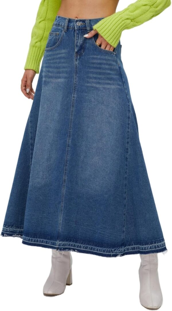 Long Denim Skirt for Women Trendy - Elastic Waisted Vintage A-line Knee Length Patchwork Maxi Jean Skirt with Pocket