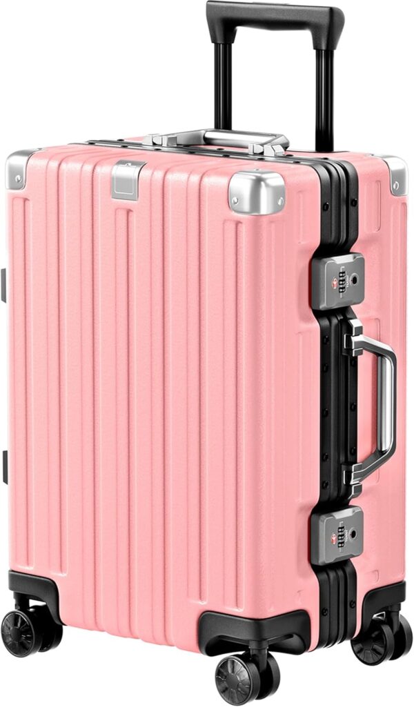 Carry On Luggage Aluminum Frame No Zipper Metal Hardshell PC+ABS Luggage  Airline Approved Suitcase with Spinner Wheels 20 Inch Pink