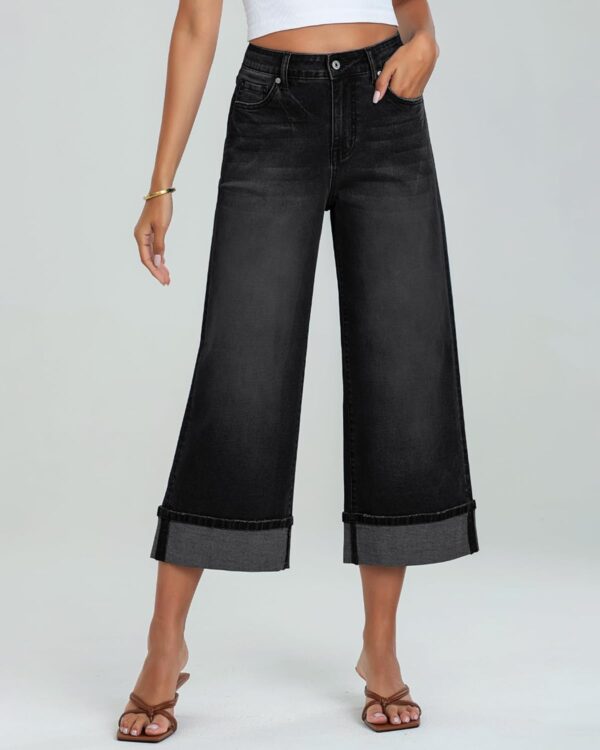 Wide Leg Jeans for Women's High Waisted Stretchy Denim Capri Pants Fold Hem Cropped Baggy Capris Jeans with Pocket - Image 2