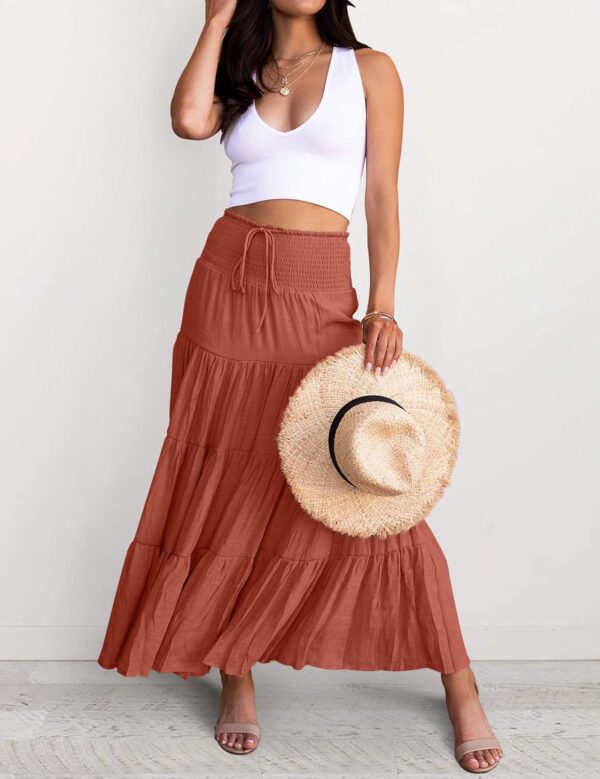 Women's Summer Flowy Boho Maxi Skirt Trendy Drawstring Elastic High Waist Pleated Tiered A Line Beach Long Skirts - Image 2