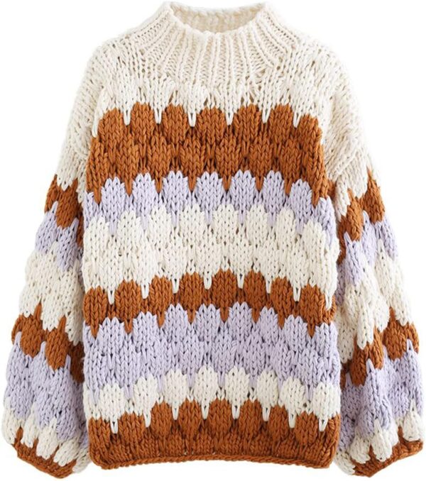 Women's Cream/Smoke Color Blocked Puff Sves V-Neck Hand-Knit Chunky Cardigan