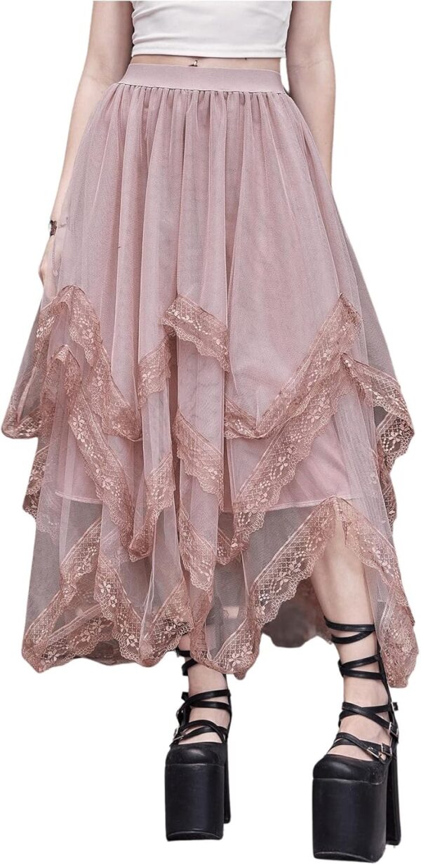 Women's Asymmetrical Tulle Skirts Elastic High Waist Ruffle Tiered Mesh Long Skirt