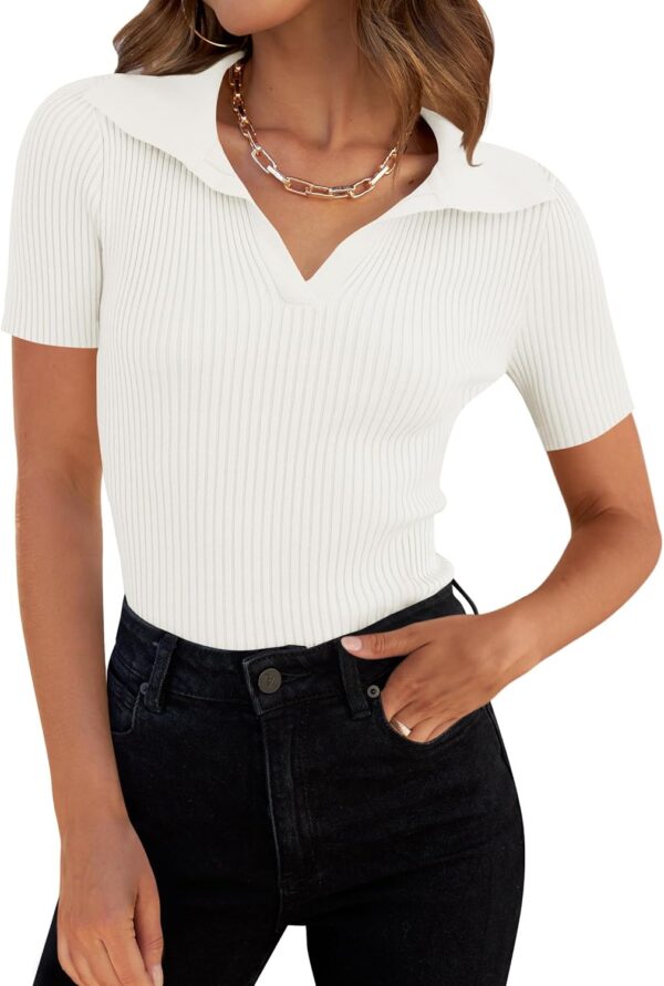Women's Short Sleeve V Neck T Shirts 2025 Summer Ribbed Knit Slim Fitted Basic Solid Color Tee Tops