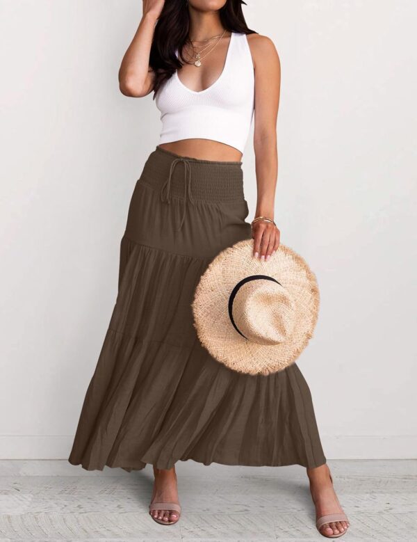 Women's Summer Flowy Boho Maxi Skirt Trendy Drawstring Elastic High Waist Pleated Tiered A Line Beach Long Skirts - Image 2