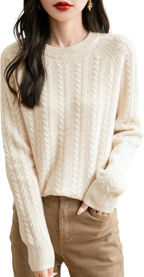 Women's Crew Neck 100% Merino Wool Sweater 2024 Fall Winter Vintage Cable Warm Long Sve Knit Pullover Tops