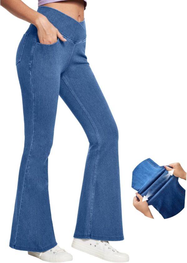 Bell Bottom Jeans for Women High Waisted Stretchy Flare Jeans Pull On Wide Leg Jeans V Cross Tummy Control Flare Pants