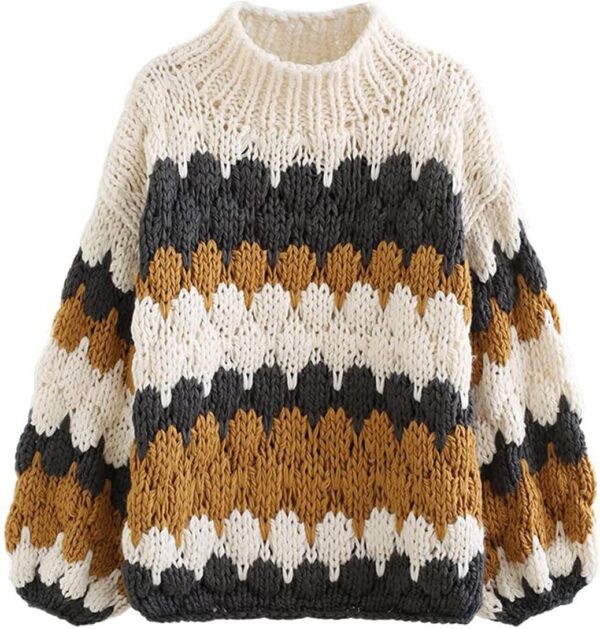 Women's Cream/Smoke Color Blocked Puff Sves V-Neck Hand-Knit Chunky Cardigan