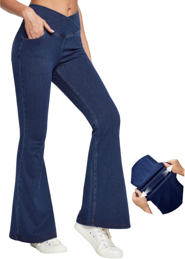 Bell Bottom Jeans for Women High Waisted Stretchy Flare Jeans Pull On Wide Leg Jeans V Cross Tummy Control Flare Pants