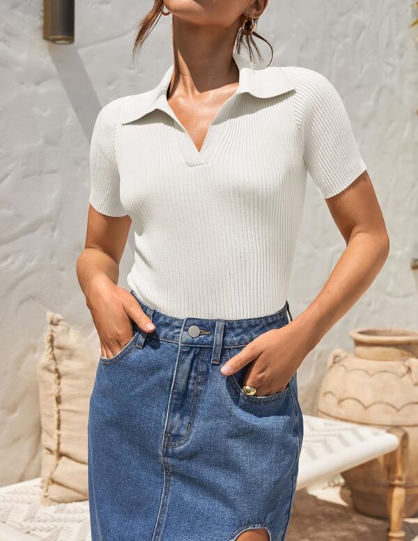 Women's Short Sleeve V Neck T Shirts 2025 Summer Ribbed Knit Slim Fitted Basic Solid Color Tee Tops - Image 2