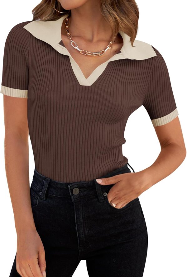 Women's Short Sleeve V Neck T Shirts 2025 Summer Ribbed Knit Slim Fitted Basic Solid Color Tee Tops