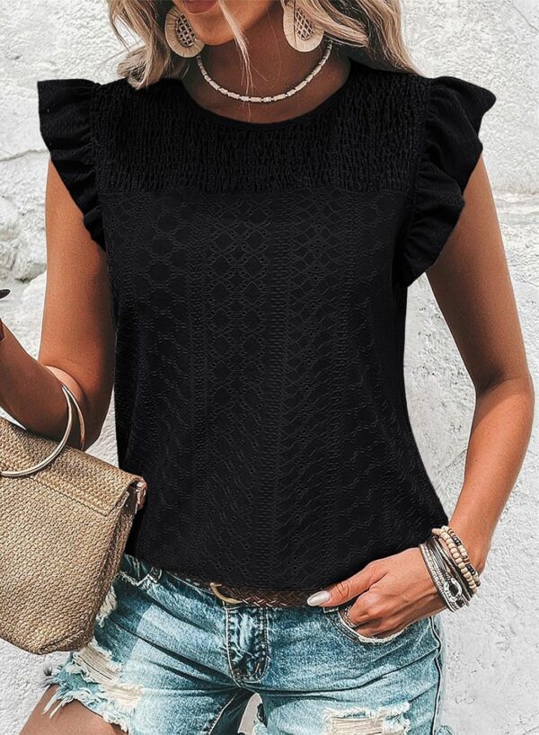 Women's Summer Knit Tops 2025 Hollow Out Crewneck Cute Ruffle Short Sleeve  Women's T Shirts Blouses - Image 2