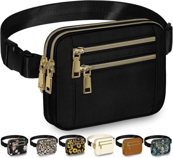 Fanny Packs for Women Fashion Waist Packs Bag with Adjustable Strap and 4 Zipper Pockets Waterproof Eerywhere Crossbody Belt Bag for Workout Running Traelling(Black)