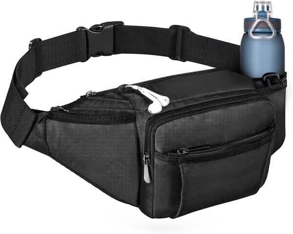 Fanny Pack Waist Bag for Men Women, Lightweight Waist Pack with Water Bottle Holder, Adjustable Belt Bag with Multi-Pockets for Hiking, Dog Walking, Outdoor, Cycling, Running, Trael, Black