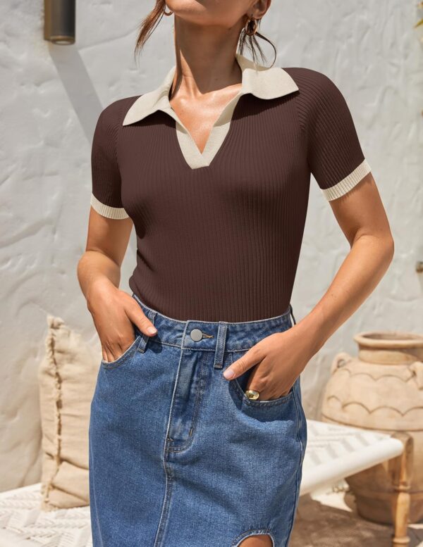 Women's Short Sleeve V Neck T Shirts 2025 Summer Ribbed Knit Slim Fitted Basic Solid Color Tee Tops - Image 2