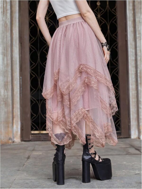 Women's Asymmetrical Tulle Skirts Elastic High Waist Ruffle Tiered Mesh Long Skirt - Image 2