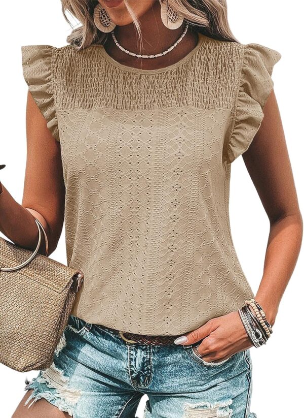 Women's Summer Knit Tops 2025 Hollow Out Crewneck Cute Ruffle Short Sleeve  Women's T Shirts Blouses