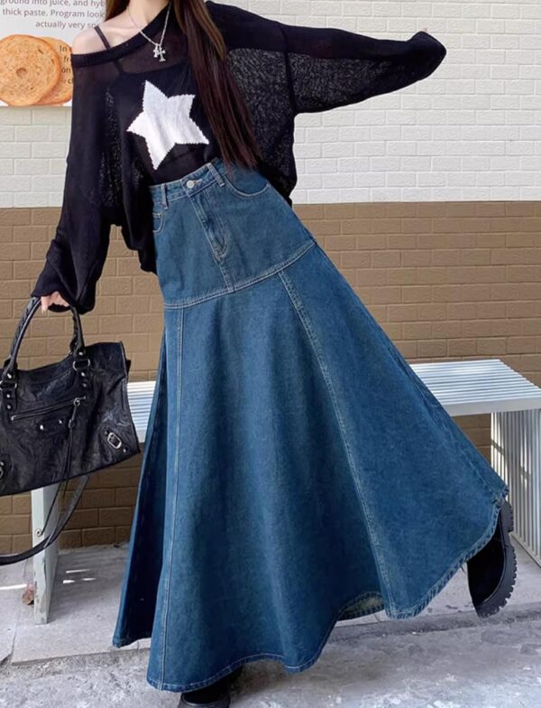 Denim Maxi Skirt，Casual Long Skirts with Pocket for Women - Image 2