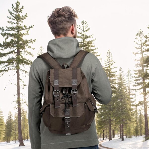 Vintage Canvas Backpack for Men Women, Durable Casual Daypack, Large Capacity Travel Rucksack Fits for Hiking and Daily Use (Coffee) - Image 2